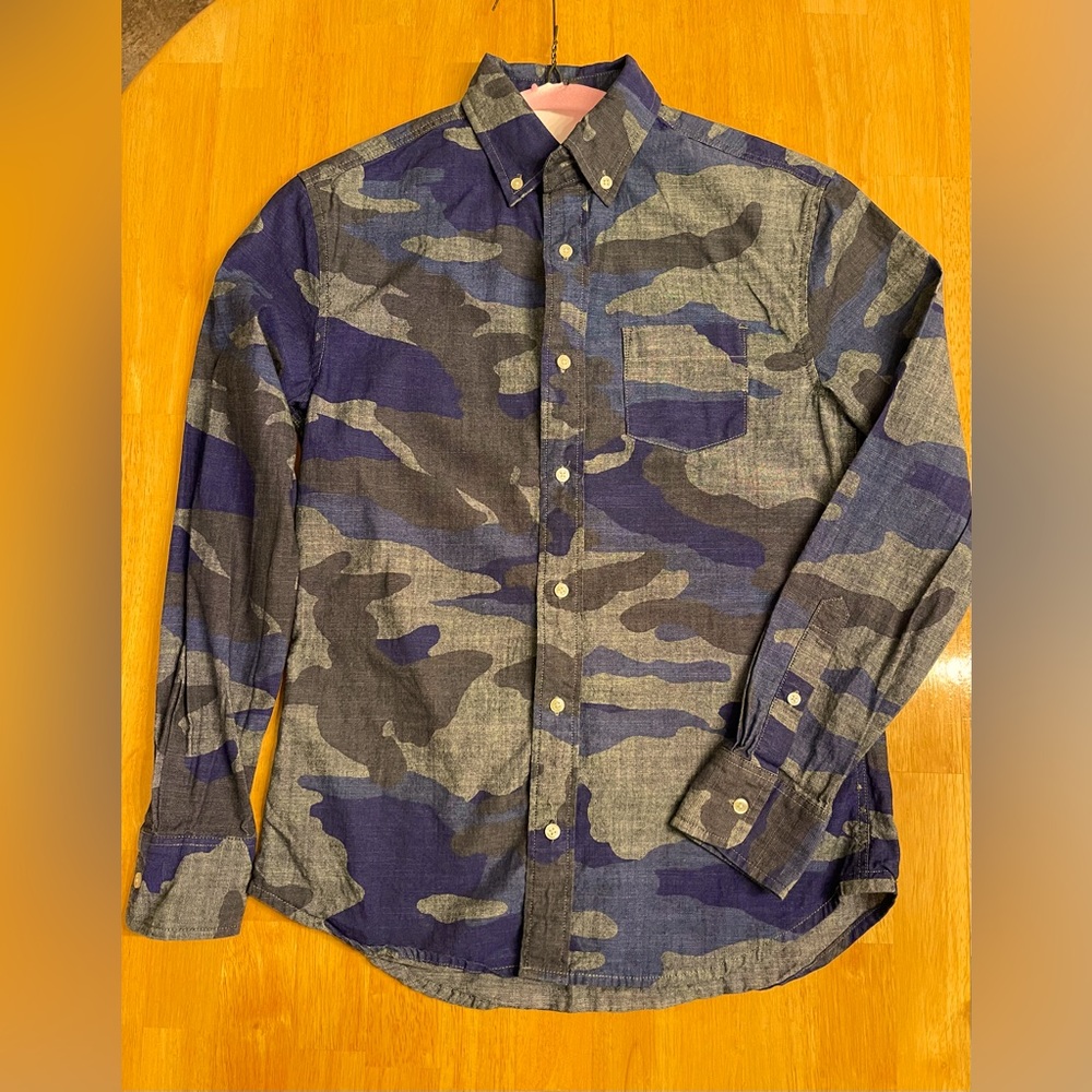 J Crew boys camo chambray dress shirt